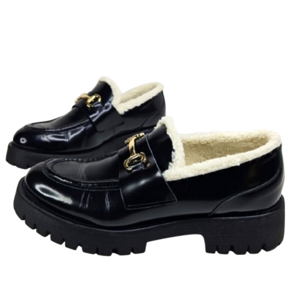 Steve Madden Lando Platform Loafer Fur Black Leather Cozy And Confortable Sz 10